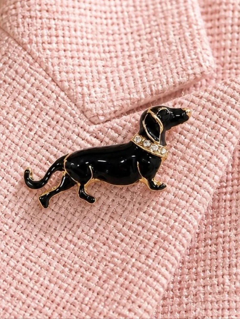 Black Dachshund Weenie Dog Rhinestone Brooch Lapel Pin Gold Enamel Pet Gift